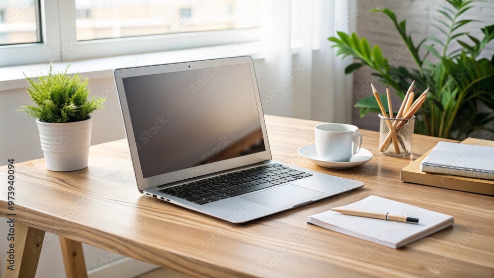 A sleek, modern white laptop computer sits on a minimalist wooden desk, surrounded by scattered papers and a A sleek, modern white laptop computer sits on a minimalist wooden desk, surrounded by scattered papers and a