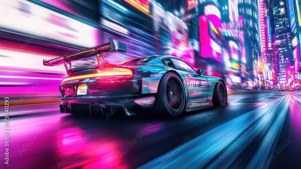 Street racing in full gear, the car's speed blending with the neon cityscape in a visual blur Street racing in full gear, the car's speed blending with the neon cityscape in a visual blur