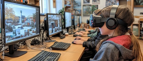 A young girl experiences virtual reality in a modern tech lab, immersed in digital worlds while others engage at nearby computers.