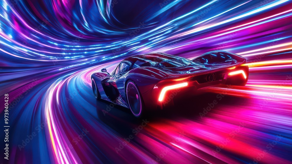 Racing through the neon jungle, a fast car leaves behind a streak of speed and energy Racing through the neon jungle, a fast car leaves behind a streak of speed and energy