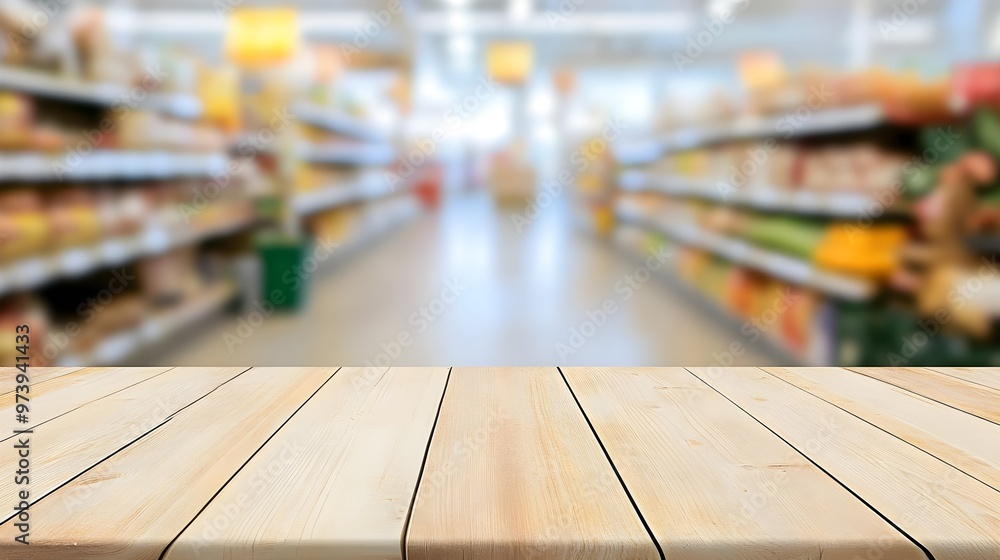 A wooden table in a grocery store, featuring blurred shelves filled with various products, ideal for culinary or retail themes. A wooden table in a grocery store, featuring blurred shelves filled with various products, ideal for culinary or retail themes.