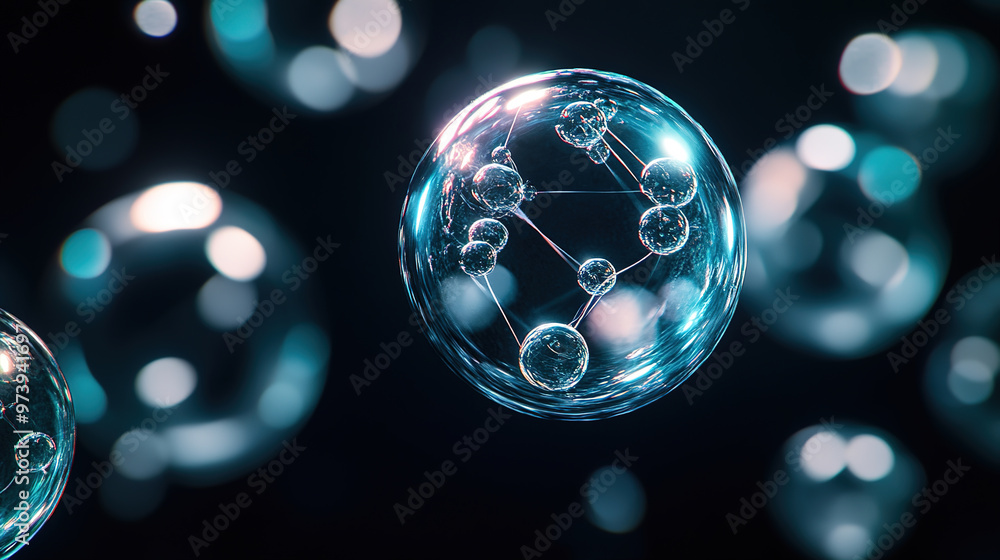 Close-up of a molecular structure with connecting lines, illuminated on a dark background, representing scientific and technological concepts Close-up of a molecular structure with connecting lines, illuminated on a dark background, representing scientific and technological concepts