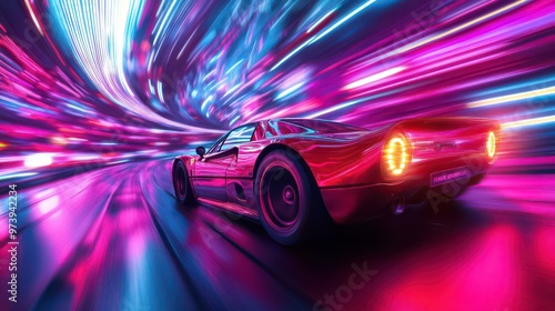 Racing at breakneck speeds, the car blurs through the neon-lit street like a comet photo