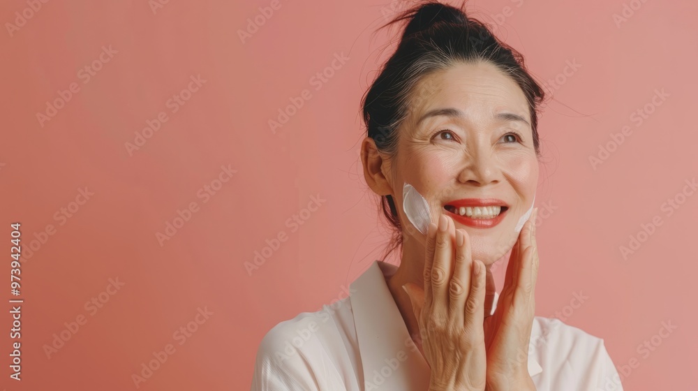 An adult Asian woman carefully applies cream to her face. The concept of facial skin care, the development of cosmetology, advertising beauty salons. An adult Asian woman carefully applies cream to her face. The concept of facial skin care, the development of cosmetology, advertising beauty salons.