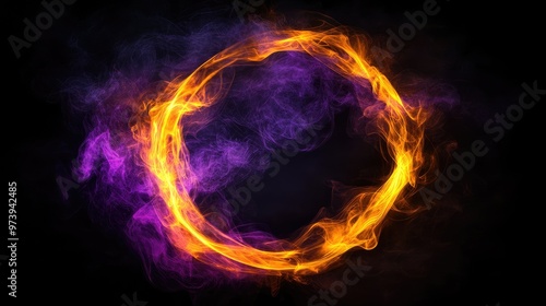 A mesmerizing abstract image of a purple and yellow geometric smoke circle on a black background.