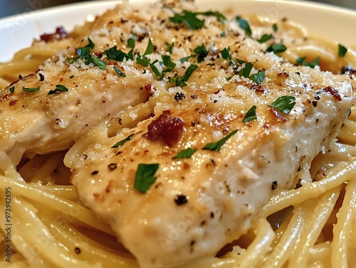 Home-cooked Delectable Crockpot Garlic Parmesan Chicken Pasta, a Comforting Dish Overflowing with Flavors of Fresh Herbs and Creamy Sauce, Perfect for Cozy Family Meals.
