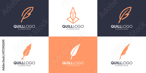 Set of feather symbol writing logo template.