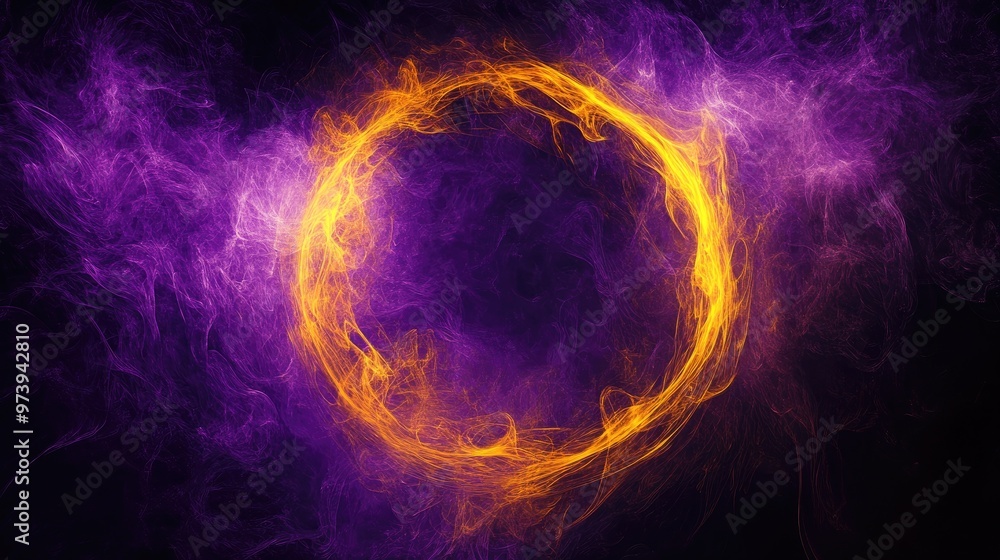 A mesmerizing abstract image of a purple and yellow geometric smoke circle on a black background. A mesmerizing abstract image of a purple and yellow geometric smoke circle on a black background.