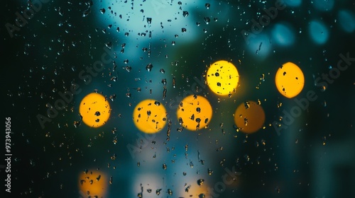 Rain streaming down a house window, reflections on the glass, moody lighting, water droplets in focus, blurred background