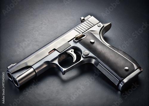 A sleek, silver pistol with a magazine inserted, set against a dark grey background, highlighting the firearm's