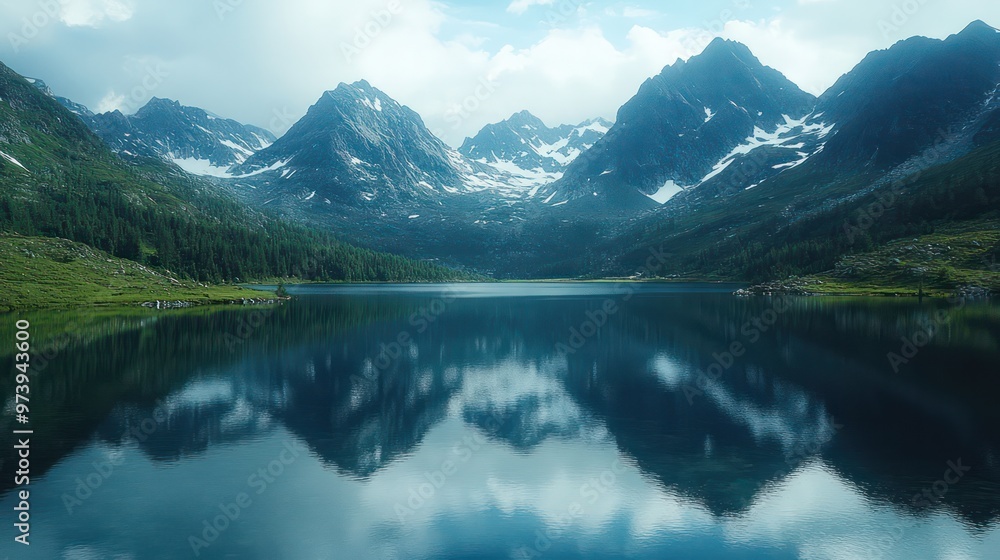 Tranquil alpine lake Surrounded by snow-capped mountains Tranquil alpine lake Surrounded by snow-capped mountains