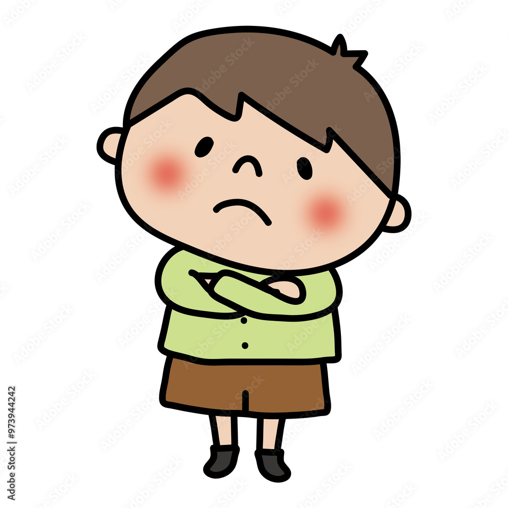 腕組みをして悩んでいる子供（男の子2）