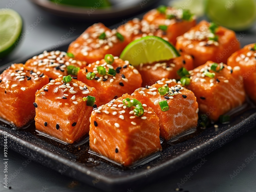 Gourmet Honey Salmon Bites with Spicy Glaze, Sesame Seeds, and Lime Wedge. Elegant High-End Food Presentation. Gourmet Honey Salmon Bites with Spicy Glaze, Sesame Seeds, and Lime Wedge. Elegant High-End Food Presentation.