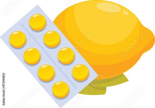 Ripe lemon fruit near a blister pack full of yellow pills showing the concept of vitamin c