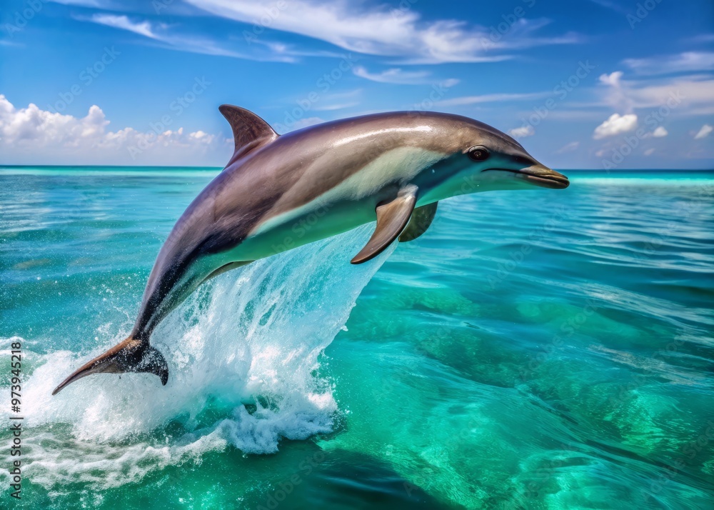Fototapeta premium A sleek spinner dolphin leaps out of the turquoise ocean, its gray and white body glistening in the