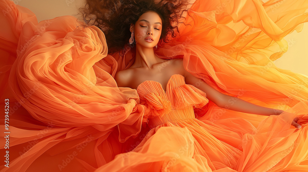 A fashion photoshoot featuring a model wearing a flowing gown in the Peach Fuzz color, set against a soft, neutral background to highlight the vibrant hue A fashion photoshoot featuring a model wearing a flowing gown in the Peach Fuzz color, set against a soft, neutral background to highlight the vibrant hue