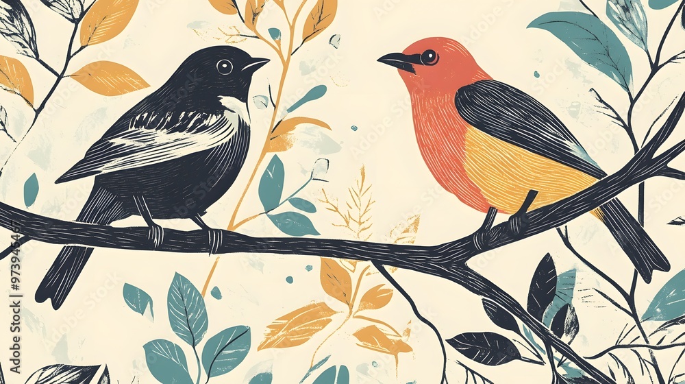 Two Birds Perched on a Branch with Abstract Leaves Two Birds Perched on a Branch with Abstract Leaves