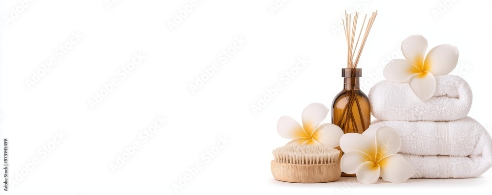 Serene spa setup with elegant towels, soothing candles, and fresh flowers for relaxation and wellness. Serene spa setup with elegant towels, soothing candles, and fresh flowers for relaxation and wellness.