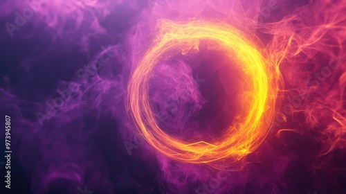 A mystical abstract image of a glowing purple and yellow smoke circle with geometric patterns.