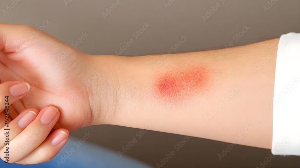 Close-up of a hand showing a red mark on the wrist, possibly from an insect bite or minor injury, against a blurred background. Close-up of a hand showing a red mark on the wrist, possibly from an insect bite or minor injury, against a blurred background.