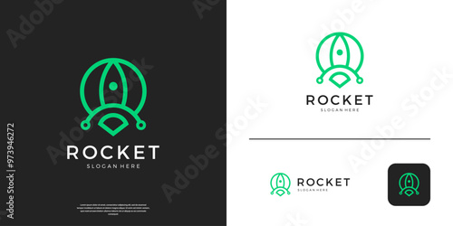Modern rocket tech logo with line circuit design vector template.