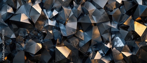 Background featuring sharp, angular polygons arranged in a chaotic, abstract pattern. Use dark, muted colors with hints of metallic accents.