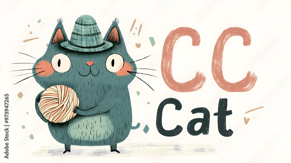 Illustration of a Cartoon Cat Wearing a Hat and Holding Yarn Illustration of a Cartoon Cat Wearing a Hat and Holding Yarn