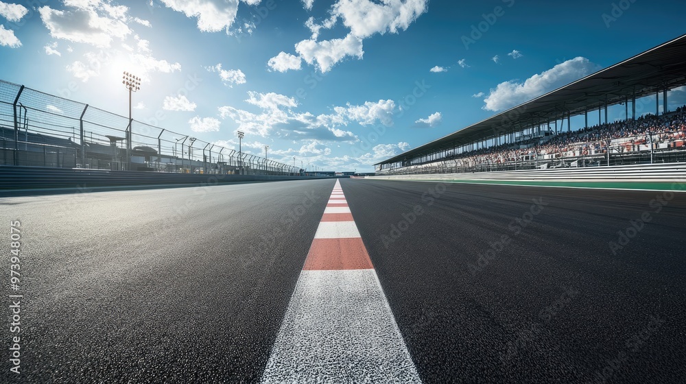 Fototapeta premium A panoramic view of an empty asphalt race track with a bright starting line and finish line.