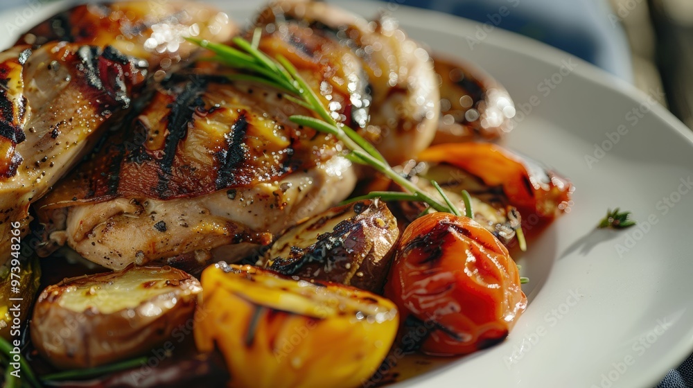 Close-up of a gourmet roasted duck dish with vegetables, served on a white plate Close-up of a gourmet roasted duck dish with vegetables, served on a white plate