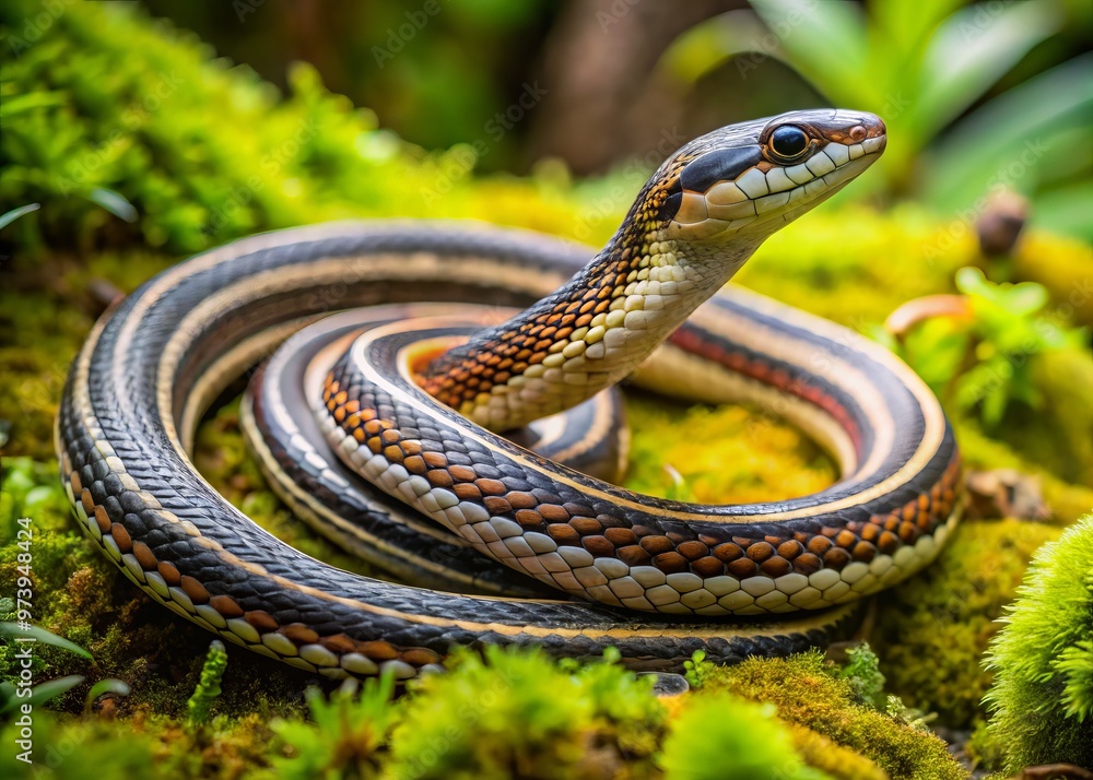 A slender Queen Snake, with its gray and brown stripes, slithers through a damp, moss-covered forest floor, its A slender Queen Snake, with its gray and brown stripes, slithers through a damp, moss-covered forest floor, its