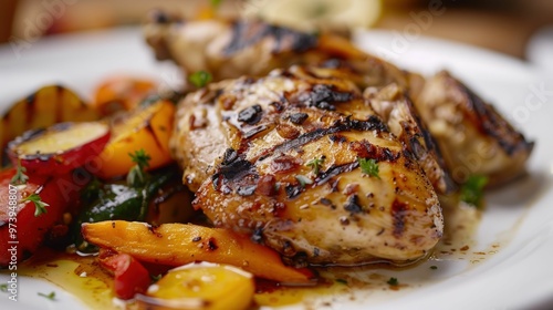 Grilled pork chop with vegetables served on a white plate. photo