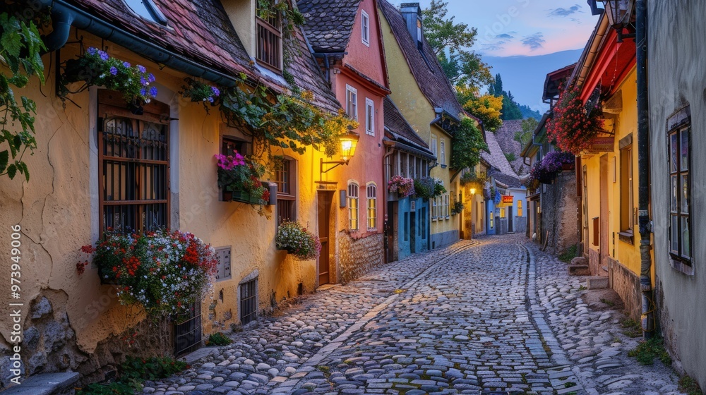 Fototapeta premium Cobblestone Street in a Quaint European Village: A picturesque cobblestone street lined with charming, brightly-colored houses in a charming European village, bathed in the warm glow of golden sunset.