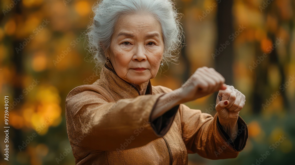 An elderly Asian woman practicing Tai Chi in a serene park, gracefully moving with the help of a support brace. An elderly Asian woman practicing Tai Chi in a serene park, gracefully moving with the help of a support brace.