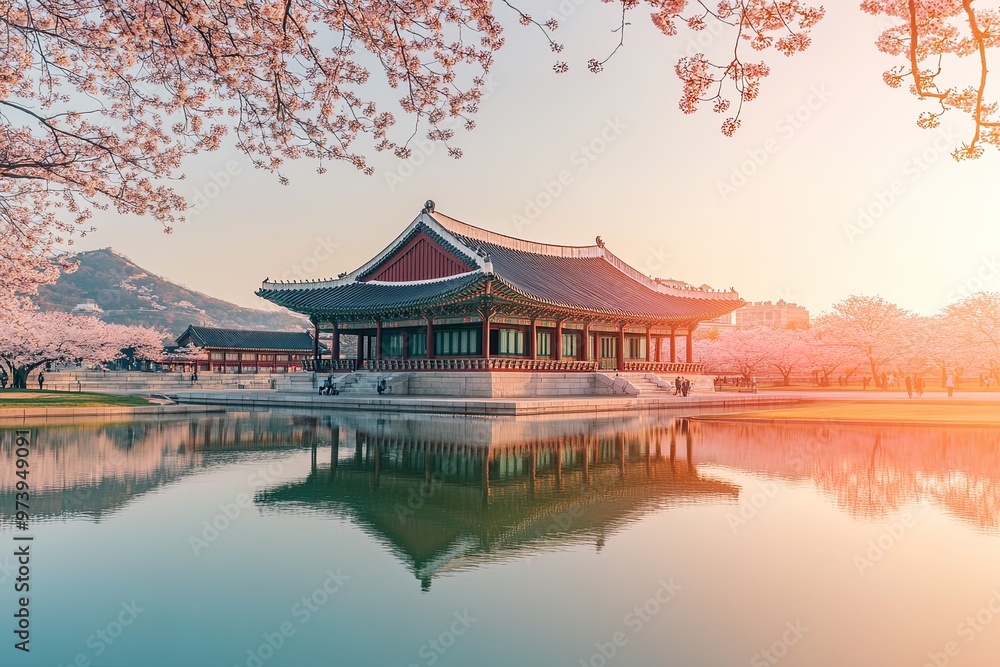 Serene traditional building by a tranquil lake. Serene traditional building by a tranquil lake.
