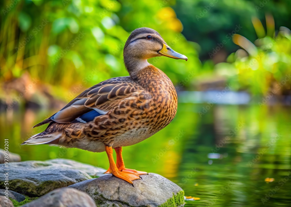 A small, brown-feathered duck with a greenish-yellow beak and legs, stands on a rocky edge of a serene A small, brown-feathered duck with a greenish-yellow beak and legs, stands on a rocky edge of a serene