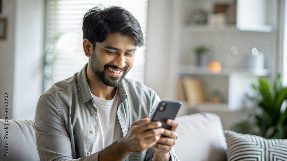 Smiling Indian Man Using Mobile Phone at Home
Smiling Indian Man Using Mobile Phone at Home