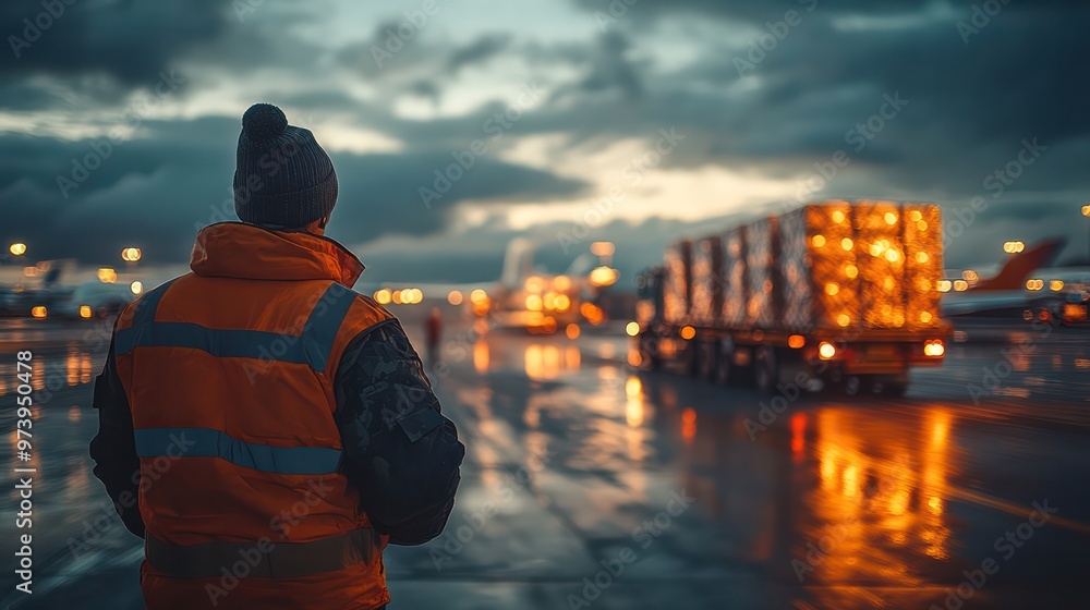 Fototapeta premium Airport staff guiding a cargo plane on the runway while freight is being loaded onto waiting trucks, with a coordinated.