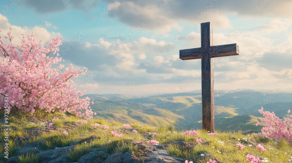 A photorealistic image of a wooden cross with pink blossoms, standing on a hill overlooking a scenic landscape. A photorealistic image of a wooden cross with pink blossoms, standing on a hill overlooking a scenic landscape.