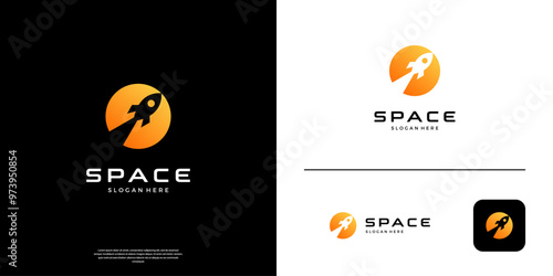 Modern rocket logo. Simple flying rocket on negative space circle.