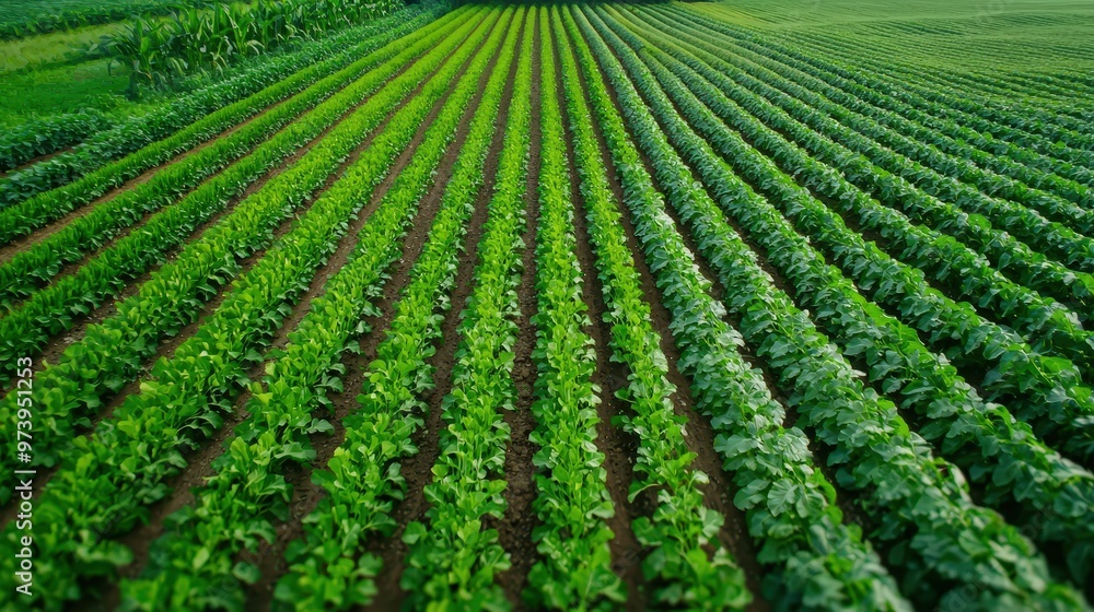 Aerial view of a lush, green farm with rows of organic crops Aerial view of a lush, green farm with rows of organic crops