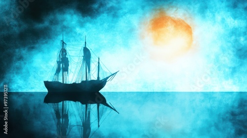 Mystical Sailing Ship Gliding Across a Moonlit Ocean at Dusk