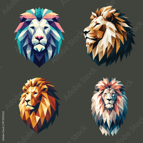 set collection low poly lion head vector
