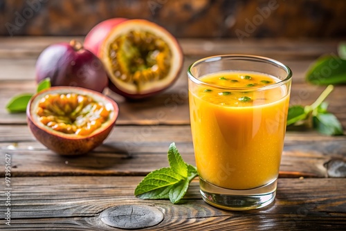 Glass of passion fruit juice with green leaf and fruit on wooden background.