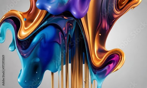 Colorful abstract fluid design with flowing metallic hues of gold, blue, and purple, dripping and blending together in a dynamic, vibrant, and visually striking representation of liquid motion and art photo