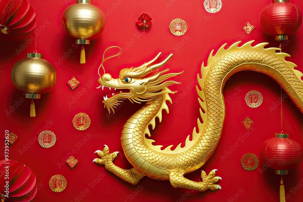 Golden Chinese Dragon Red Background Traditional Festival Artwork Golden Chinese Dragon Red Background Traditional Festival Artwork