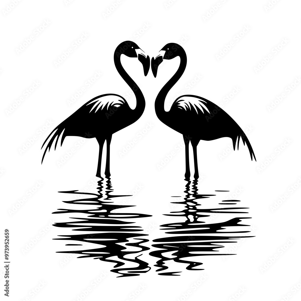 Silhouette of two flamingos facing each other, Black and white silhouette of two flamingos standing in water, facing each other, with their necks forming a heart shape.
Silhouette of two flamingos facing each other, Black and white silhouette of two flamingos standing in water, facing each other, with their necks forming a heart shape.