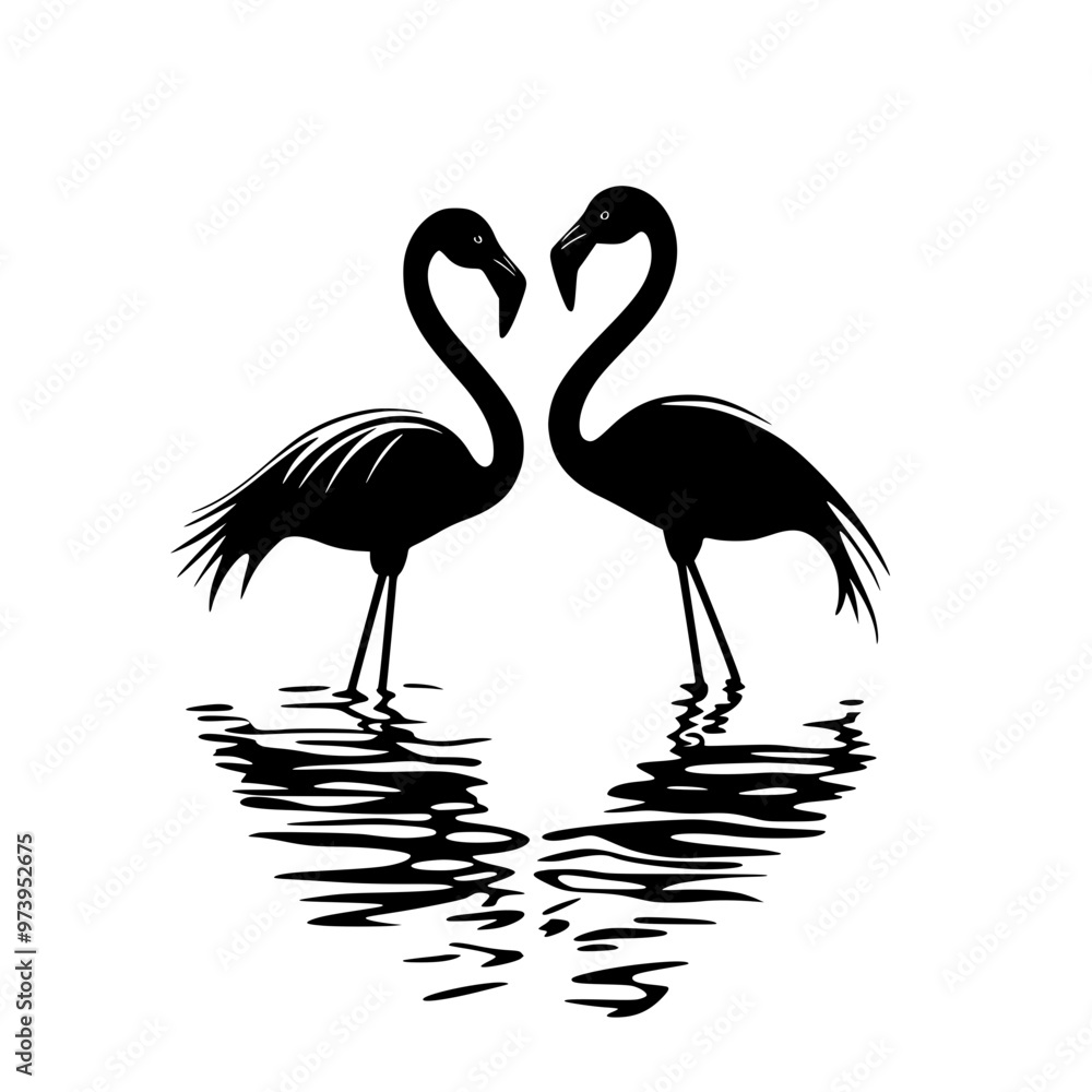 Fototapeta premium Silhouette of two flamingos facing each other, Black and white silhouette of two flamingos standing in water, facing each other, with their necks forming a heart shape. 