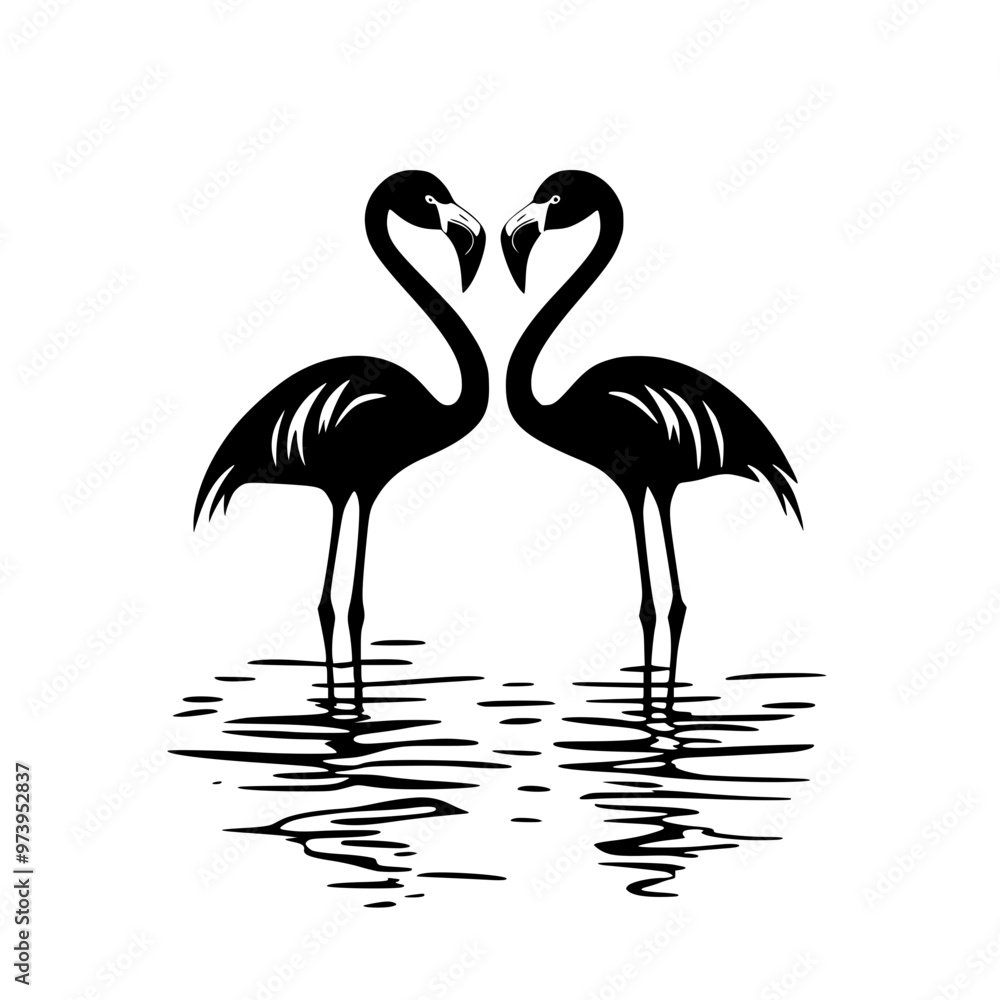 Silhouette of two flamingos facing each other, Black and white silhouette of two flamingos standing in water, facing each other, with their necks forming a heart shape.
Silhouette of two flamingos facing each other, Black and white silhouette of two flamingos standing in water, facing each other, with their necks forming a heart shape.