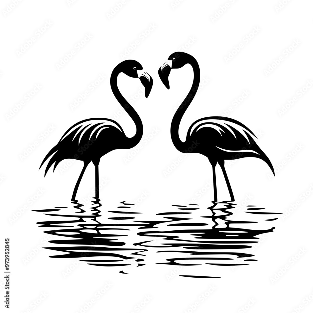 Silhouette of two flamingos facing each other, Black and white silhouette of two flamingos standing in water, facing each other, with their necks forming a heart shape.
Silhouette of two flamingos facing each other, Black and white silhouette of two flamingos standing in water, facing each other, with their necks forming a heart shape.