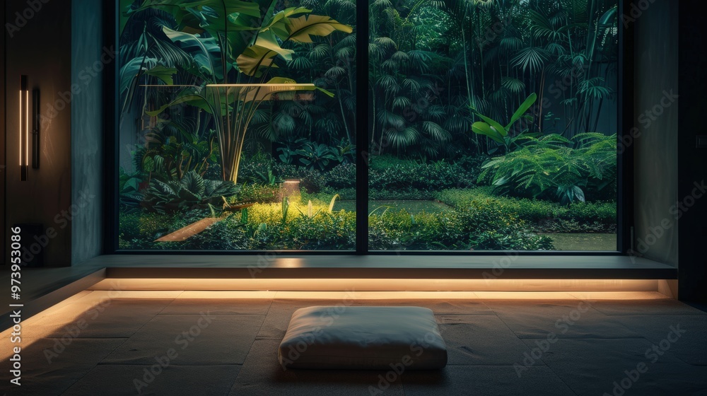 Zen Haven: Tranquil meditation corner bathed in warm light, overlooking a lush tropical garden. Zen Haven: Tranquil meditation corner bathed in warm light, overlooking a lush tropical garden.